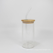 Кружка для банки из стеклянной масоны с бамбуковой крышкой и стеклянной соломой
